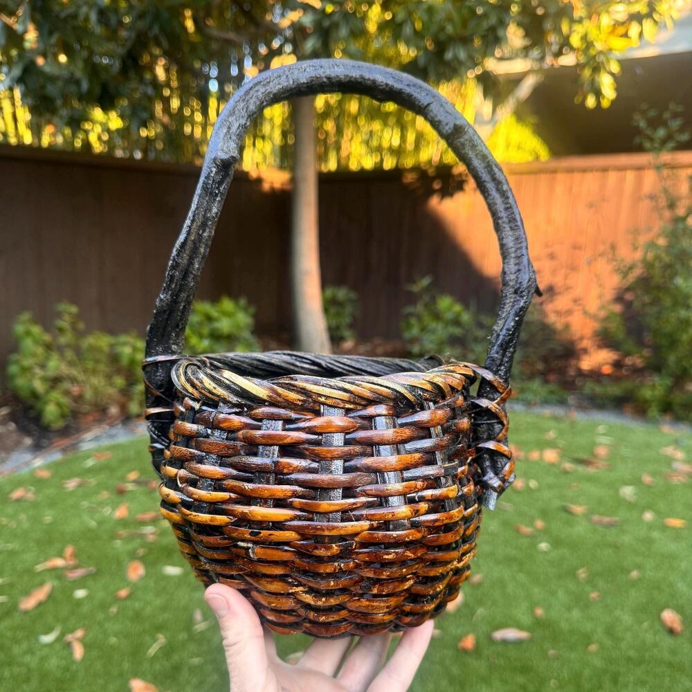 Vintage Japanese Tortoise Shell Bamboo Basket – Root Handle Vase